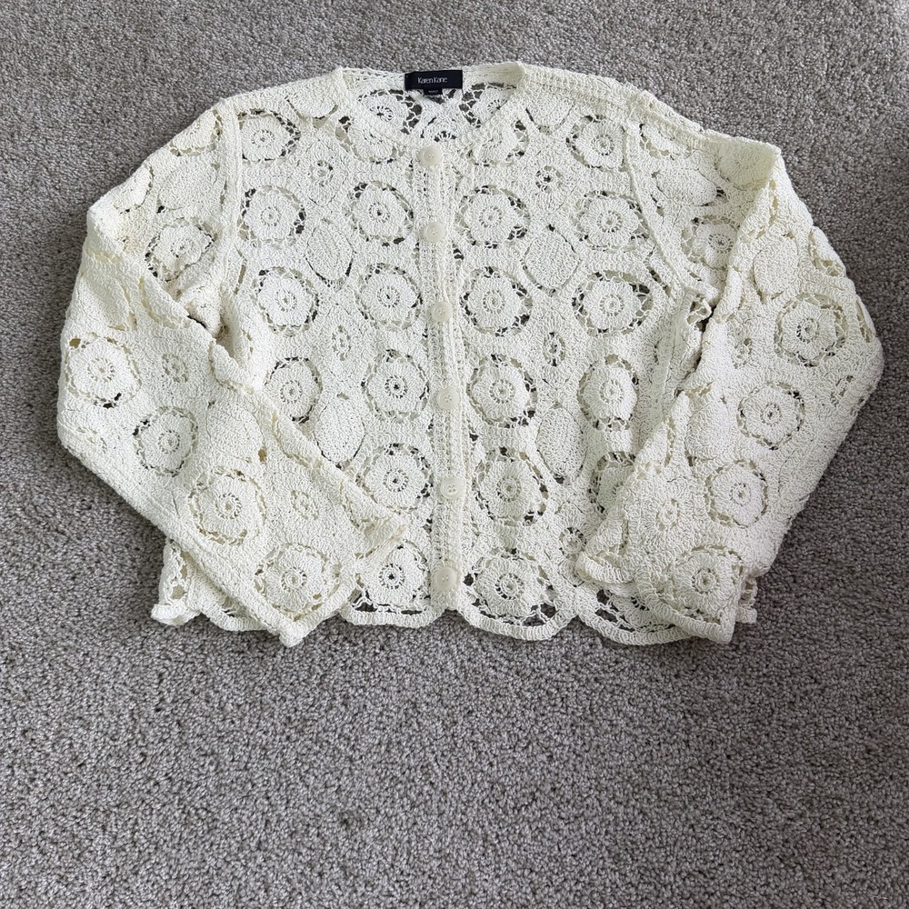 Karen Kane Cardigan Sweater Womens M/L White Crochet Open Knit Sheer Boho